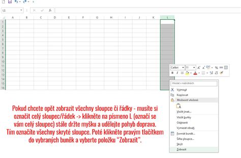 Excel jak zobrazit skryté řádky a sloupce